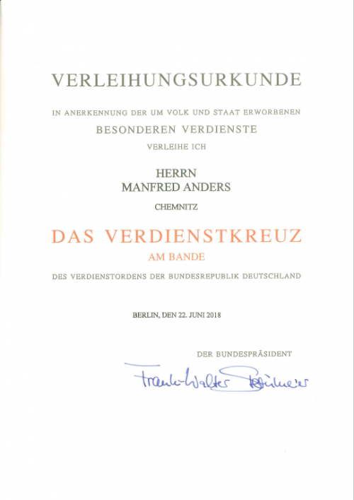 Verleihungsurkunde Manfred Anders 22.06.2018